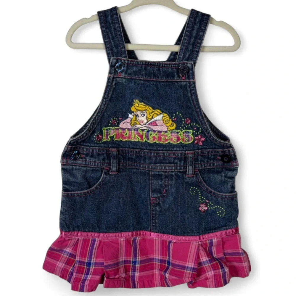 Y2K Disney Princess Denim Overall Dress Embroidered Kid’s Size 2T Plaid Retro